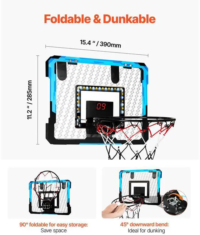 Alt view image 11 of 14 - VEVOR Kids Basketball Hoop with LED Lights & Audio Scoreboard Indoor Basketball Hoop