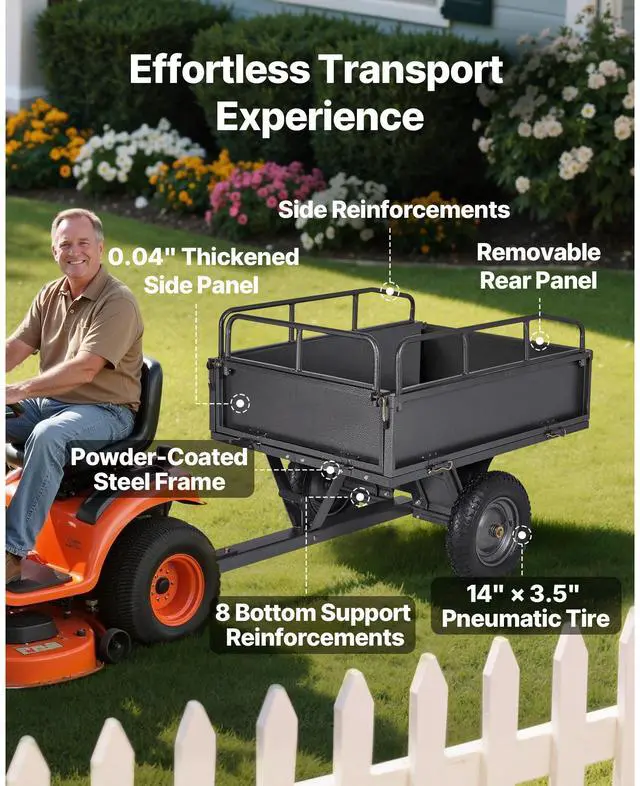Alt view image 4 of 8 - VEVOR Garden Utility Trailer, 10 Cu. Ft & 500lbs Capacity, ATV UTV Hauling Trailer, Tow Behind Steel Dump Cart with 14" Tires, Hand Pull or Foot Pedal, Heavy Duty Yard Trailers for Lawn Mower Tractor