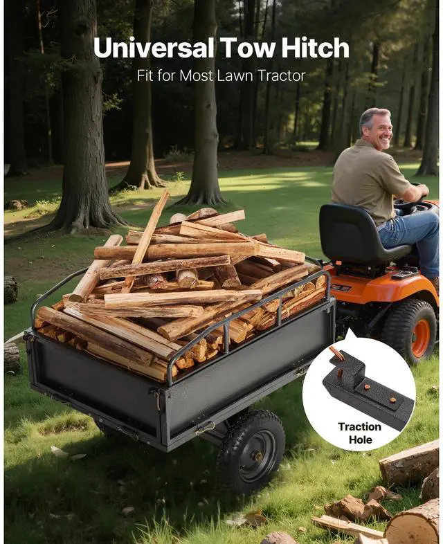 Alt view image 3 of 8 - VEVOR Garden Utility Trailer, 10 Cu. Ft & 500lbs Capacity, ATV UTV Hauling Trailer, Tow Behind Steel Dump Cart with 14" Tires, Hand Pull or Foot Pedal, Heavy Duty Yard Trailers for Lawn Mower Tractor