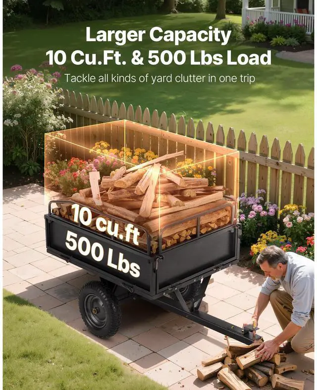 Alt view image 5 of 8 - VEVOR Garden Utility Trailer, 10 Cu. Ft & 500lbs Capacity, ATV UTV Hauling Trailer, Tow Behind Steel Dump Cart with 14" Tires, Hand Pull or Foot Pedal, Heavy Duty Yard Trailers for Lawn Mower Tractor
