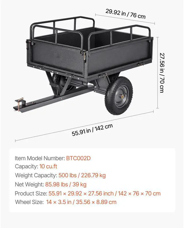 Alt view image 8 of 8 - VEVOR Garden Utility Trailer, 10 Cu. Ft & 500lbs Capacity, ATV UTV Hauling Trailer, Tow Behind Steel Dump Cart with 14" Tires, Hand Pull or Foot Pedal, Heavy Duty Yard Trailers for Lawn Mower Tractor