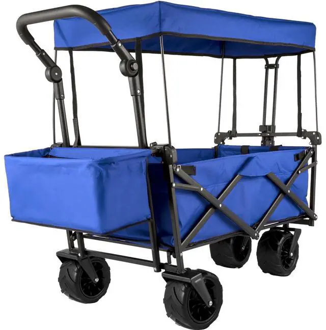 Main image of Extra Large Collapsible Garden Cart with Removable Canopy, Folding Wagon Utility Carts with Wheels and Rear Storage, Wagon Cart for Garden, Camping, Grocery Cart, Shopping Cart, Blue