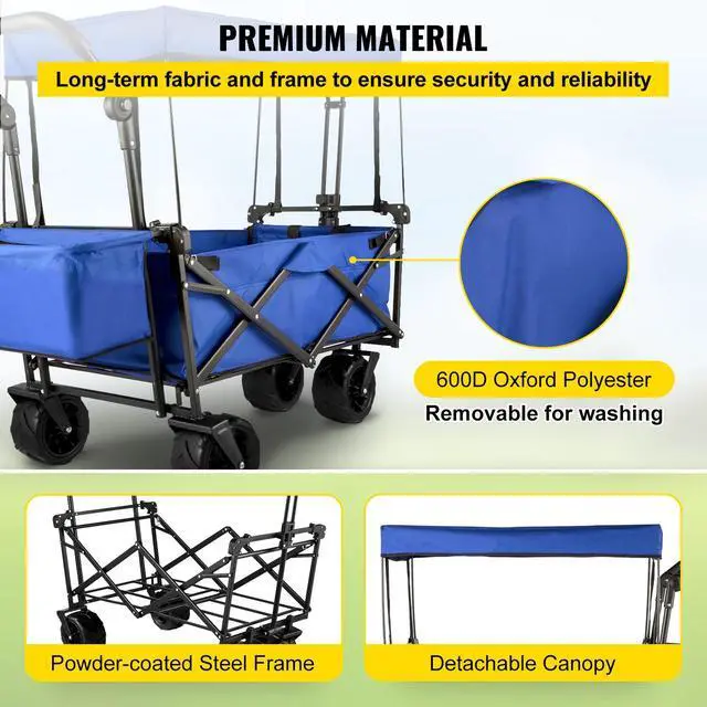 Alt view image 4 of 7 - Extra Large Collapsible Garden Cart with Removable Canopy, Folding Wagon Utility Carts with Wheels and Rear Storage, Wagon Cart for Garden, Camping, Grocery Cart, Shopping Cart, Blue