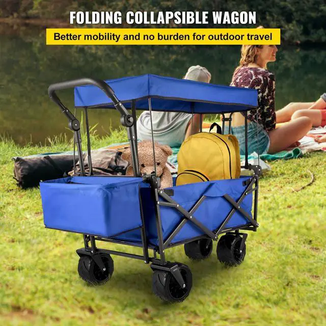 Alt view image 2 of 7 - Extra Large Collapsible Garden Cart with Removable Canopy, Folding Wagon Utility Carts with Wheels and Rear Storage, Wagon Cart for Garden, Camping, Grocery Cart, Shopping Cart, Blue