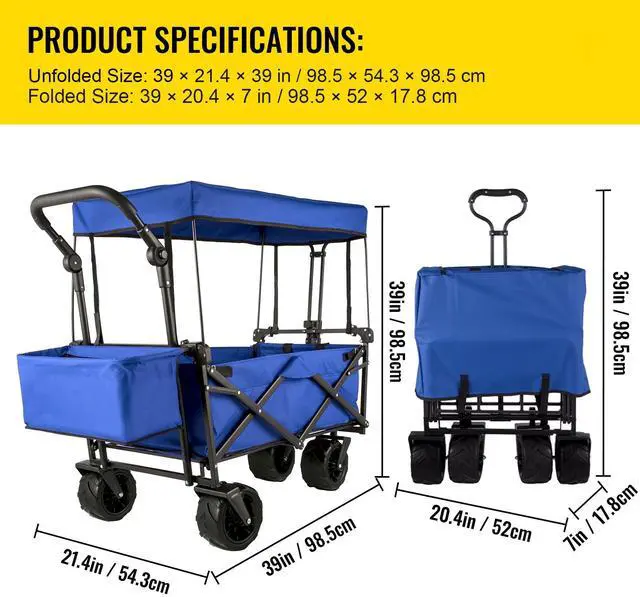Alt view image 7 of 7 - Extra Large Collapsible Garden Cart with Removable Canopy, Folding Wagon Utility Carts with Wheels and Rear Storage, Wagon Cart for Garden, Camping, Grocery Cart, Shopping Cart, Blue