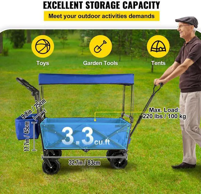 Alt view image 3 of 7 - Extra Large Collapsible Garden Cart with Removable Canopy, Folding Wagon Utility Carts with Wheels and Rear Storage, Wagon Cart for Garden, Camping, Grocery Cart, Shopping Cart, Blue