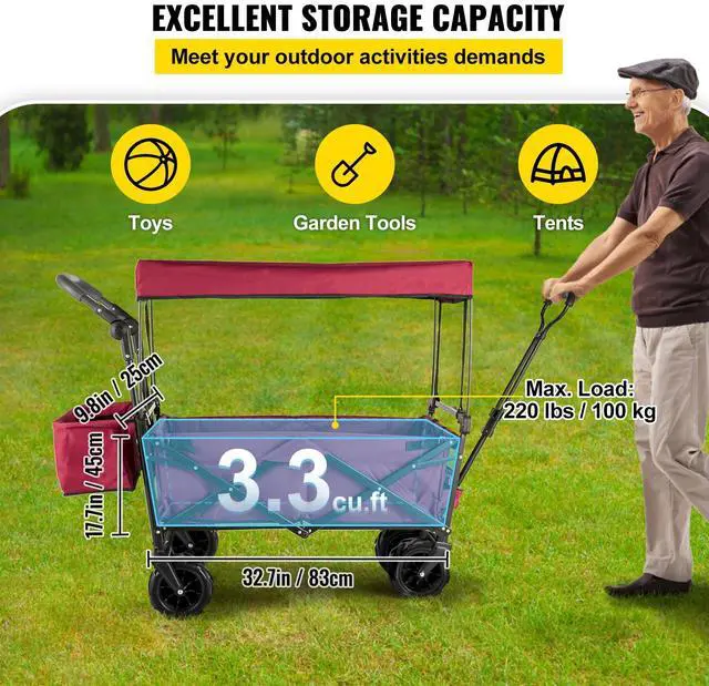 Alt view image 3 of 7 - Extra Large Collapsible Garden Cart with Removable Canopy, Folding Wagon Utility Carts with Wheels and Rear Storage, Wagon Cart for Garden, Camping, Grocery Cart, Shopping Cart, Red