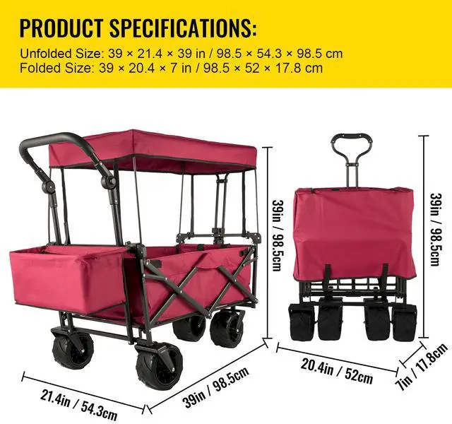 Alt view image 7 of 7 - Extra Large Collapsible Garden Cart with Removable Canopy, Folding Wagon Utility Carts with Wheels and Rear Storage, Wagon Cart for Garden, Camping, Grocery Cart, Shopping Cart, Red