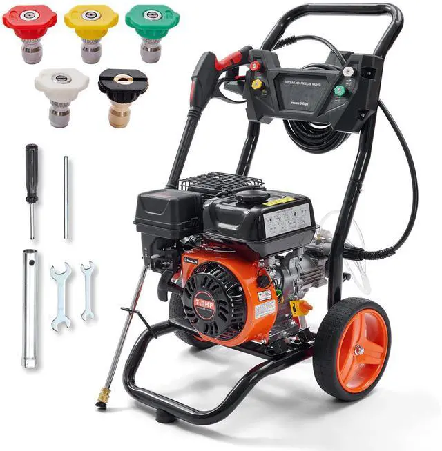 Alt view image 8 of 14 - VEVOR Gas Pressure Washer, 3400 PSI 2.6 GPM, Gas Powered Pressure Washer with Aluminum Pump, Spray Gun and Extension Wand, 5 Quick Connect Nozzles, for Cleaning Cars, Homes, Driveways, Patios