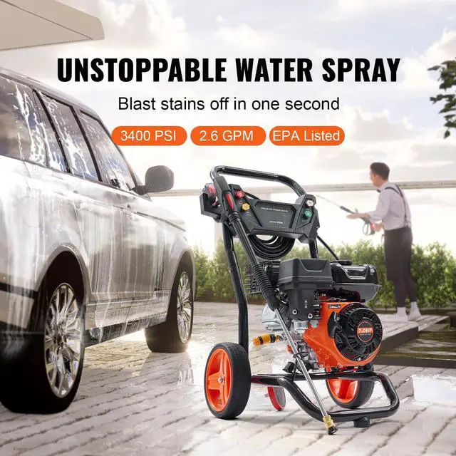 Alt view image 9 of 14 - VEVOR Gas Pressure Washer, 3400 PSI 2.6 GPM, Gas Powered Pressure Washer with Aluminum Pump, Spray Gun and Extension Wand, 5 Quick Connect Nozzles, for Cleaning Cars, Homes, Driveways, Patios