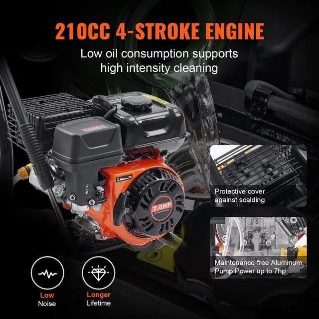 Alt view image 10 of 14 - VEVOR Gas Pressure Washer, 3400 PSI 2.6 GPM, Gas Powered Pressure Washer with Aluminum Pump, Spray Gun and Extension Wand, 5 Quick Connect Nozzles, for Cleaning Cars, Homes, Driveways, Patios