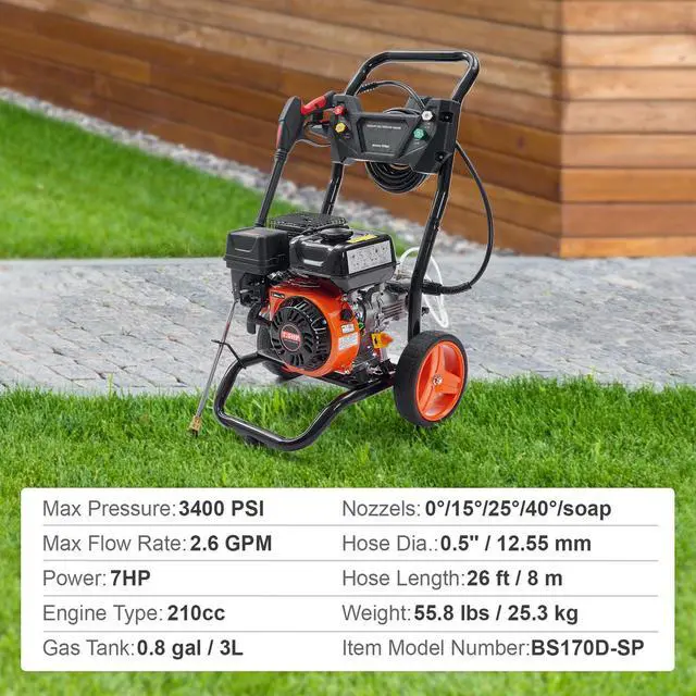 Alt view image 14 of 14 - VEVOR Gas Pressure Washer, 3400 PSI 2.6 GPM, Gas Powered Pressure Washer with Aluminum Pump, Spray Gun and Extension Wand, 5 Quick Connect Nozzles, for Cleaning Cars, Homes, Driveways, Patios