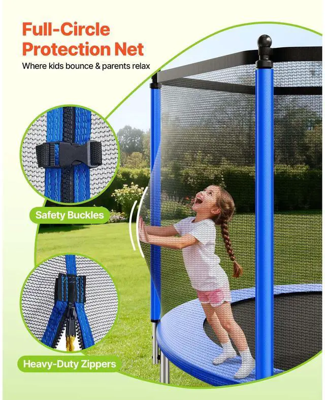 Alt view image 4 of 8 - VEVOR Outdoor Trampoline, 12FT Round Recreational Trampoline with Enclosure Net, ASTM Approved, Heavy Duty Trampolines, Max 400 lbs Weight Capacity, Anti-Rust Backyard Trampolines for Kids & Adults