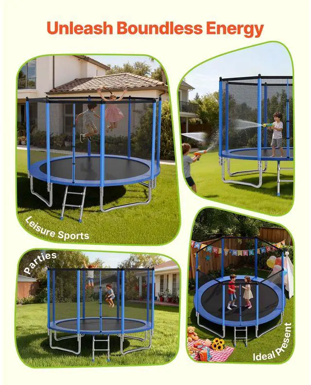 Alt view image 8 of 8 - VEVOR Outdoor Trampoline, 12FT Round Recreational Trampoline with Enclosure Net, ASTM Approved, Heavy Duty Trampolines, Max 400 lbs Weight Capacity, Anti-Rust Backyard Trampolines for Kids & Adults