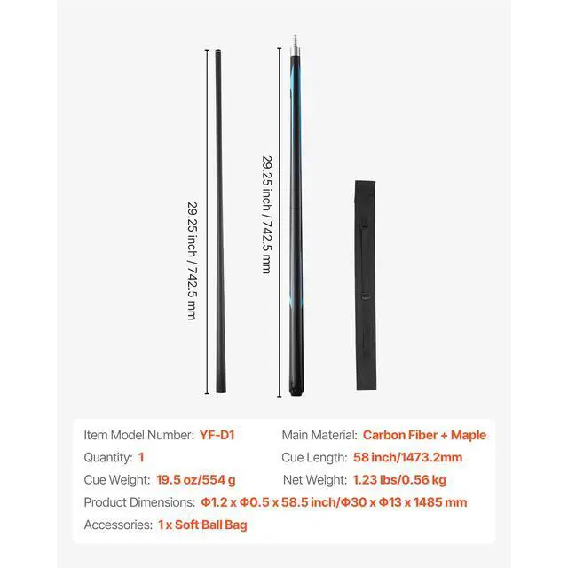 Alt view image 8 of 8 - VEVOR Pool Cue, 1 Piece Jump Break Cue, 58 inch & 19.5 oz Break Cues Pool Stick, Breaks Stick with Carbon Fiber Shaft & Maple Cues Butt, Heavy Hitter Breaks Jump Billiard Cue for Adult, Home, Office