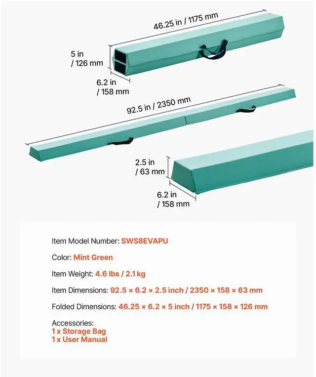 Alt view image 8 of 8 - VEVOR 8FT Folding Gymnastic Balance Beam for Kids with Carrying Bag Mint Green