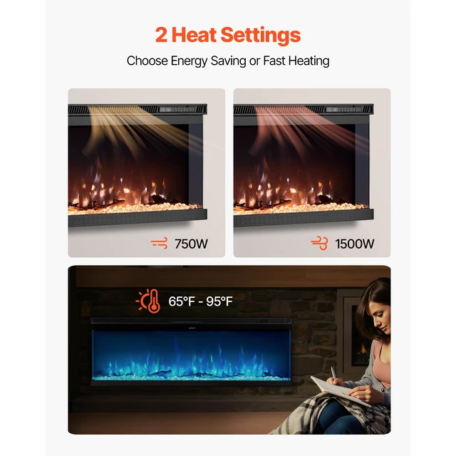 Alt view image 4 of 7 - VEVOR 72 inch Electric Fireplace Three Sided Glass Wall Mounted Recessed 1500W