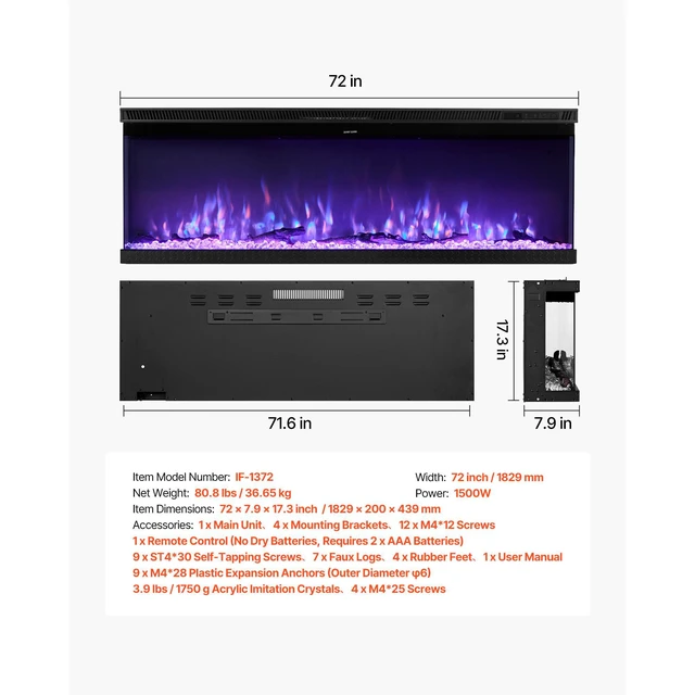 Alt view image 7 of 7 - VEVOR 72 inch Electric Fireplace Three Sided Glass Wall Mounted Recessed 1500W