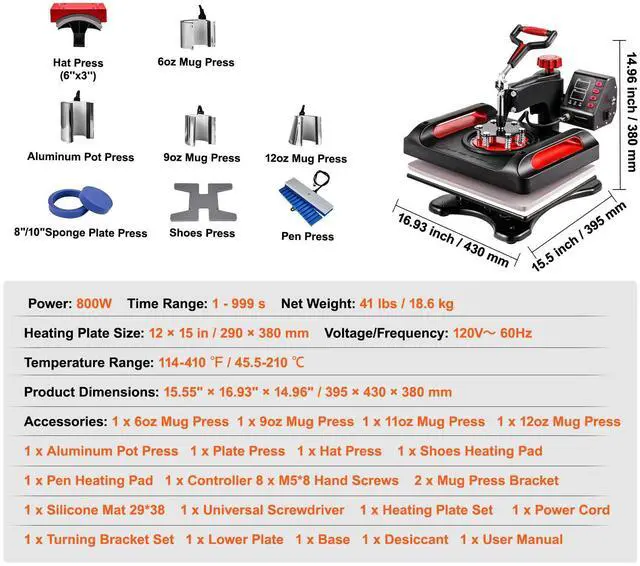 Alt view image 7 of 7 - 11 in 1 Heat Press, 12 x 15 Inch, Multifunctional Clamshell Printer, Digital Dual-Tube Heat Press Transfer Machine, Swing Away Sublimation Machine for T-Shirt Hat Cap Mug Plate Pen Shoes Black