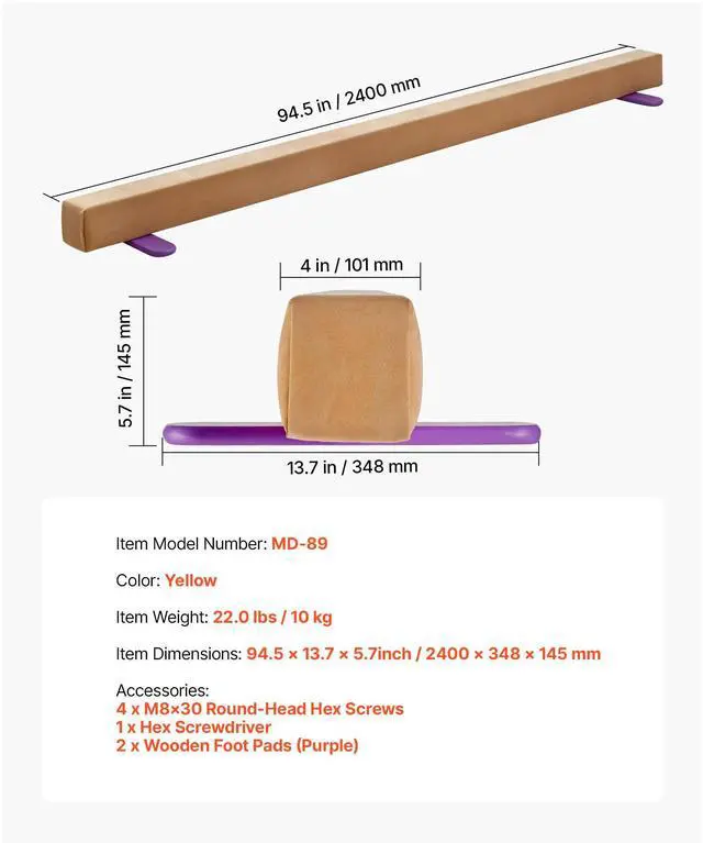 Alt view image 8 of 8 - VEVOR 8FT Balance Beam for Kids, 350 LBS Stable Support Gymnastics Floor Beam with Non-Slip Wooden Mats, Wood-Core Gymnastics Training Equipment with Anti-Slip Bottom for Home and Gym, Yellow