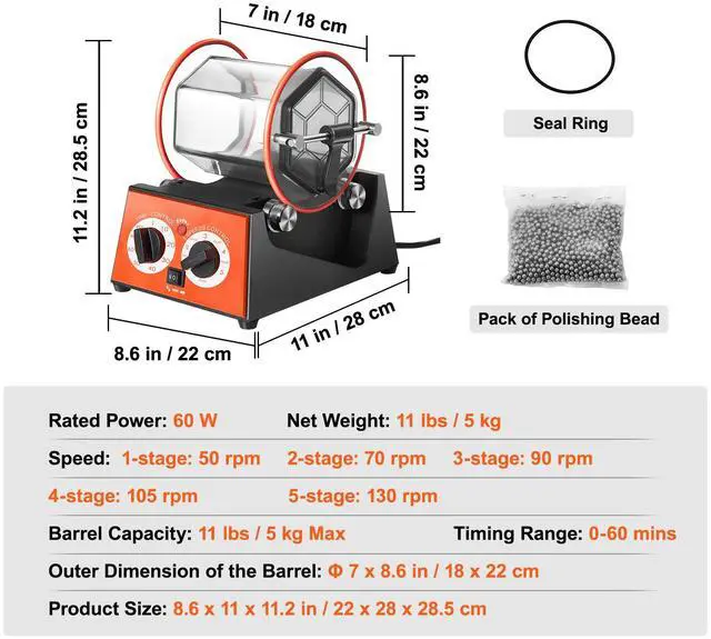 Alt view image 15 of 15 - VEVOR Jewelry Polisher Tumbler, 11lbs/5kg Capacity Mini Rotary Tumbler Machine with 0-60 Minutes Timer, 5 Speeds Jewelry Rotary Finisher for Surface Polishing Grinding Buffing Gemstones Jewels Coins