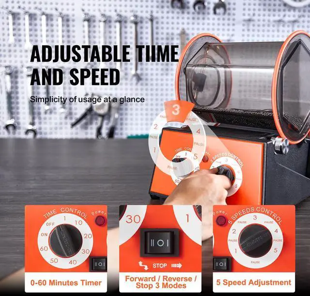 Alt view image 12 of 15 - VEVOR Jewelry Polisher Tumbler, 11lbs/5kg Capacity Mini Rotary Tumbler Machine with 0-60 Minutes Timer, 5 Speeds Jewelry Rotary Finisher for Surface Polishing Grinding Buffing Gemstones Jewels Coins