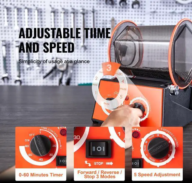 Alt view image 12 of 15 - VEVOR Jewelry Polisher Tumbler, 6.6lbs/3kg Capacity Mini Rotary Tumbler Machine with 0-60 Minutes Timer, 5 Speeds Jewelry Rotary Finisher for Surface Polishing Grinding Buffing Gemstones Jewels Coins