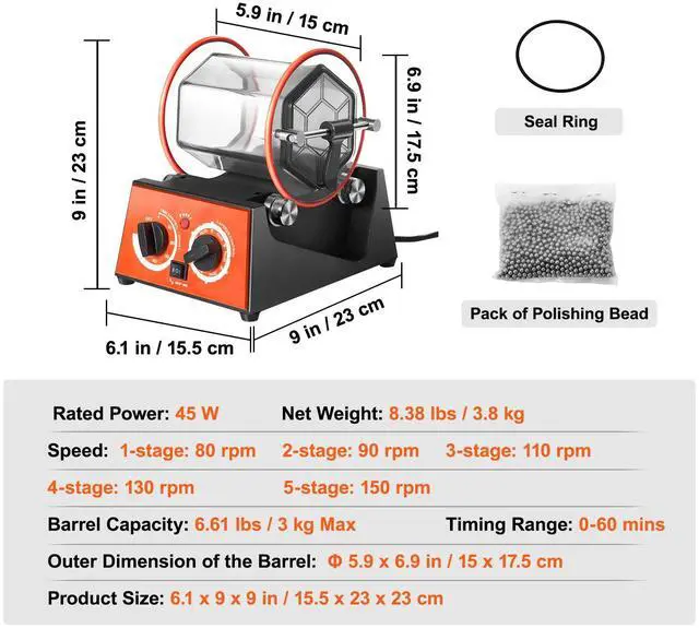 Alt view image 15 of 15 - VEVOR Jewelry Polisher Tumbler, 6.6lbs/3kg Capacity Mini Rotary Tumbler Machine with 0-60 Minutes Timer, 5 Speeds Jewelry Rotary Finisher for Surface Polishing Grinding Buffing Gemstones Jewels Coins