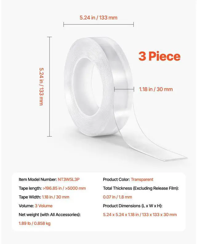 Alt view image 14 of 14 - VEVOR Double Sided Tape Heavy Duty, 16 ft Nano Mounting Tape(3 Pack), Strong Adhesive & Reusable, Clear Two Sided Wall Tape, Removable Poster Picture Hanging Strips for Home Office Car Outdoor Use