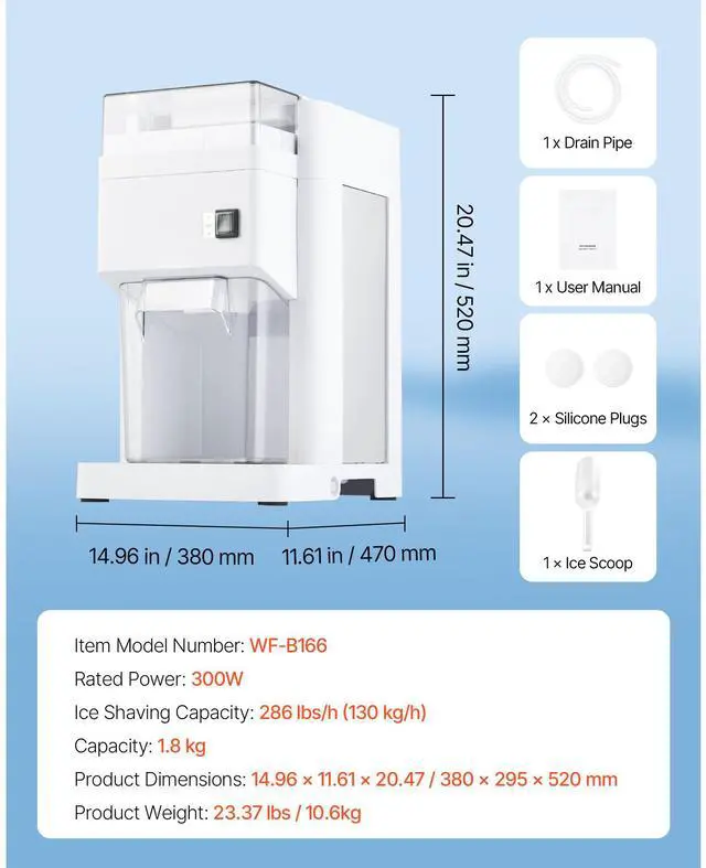 Alt view image 8 of 8 - VEVOR Commercial Ice Shaver Machine, 1.91QT /1.8L Large Electric Ice Cube Crusher Shaved Maker with 300W Premium Motor, Stainless Steel Blades, for Bar Mixing Seafood Preservation Home Party, White