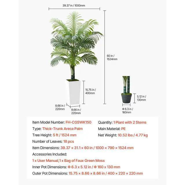 Alt view image 8 of 8 - 5ft Artificial Areca Palm Tree Fake Plant with White Planter Indoor