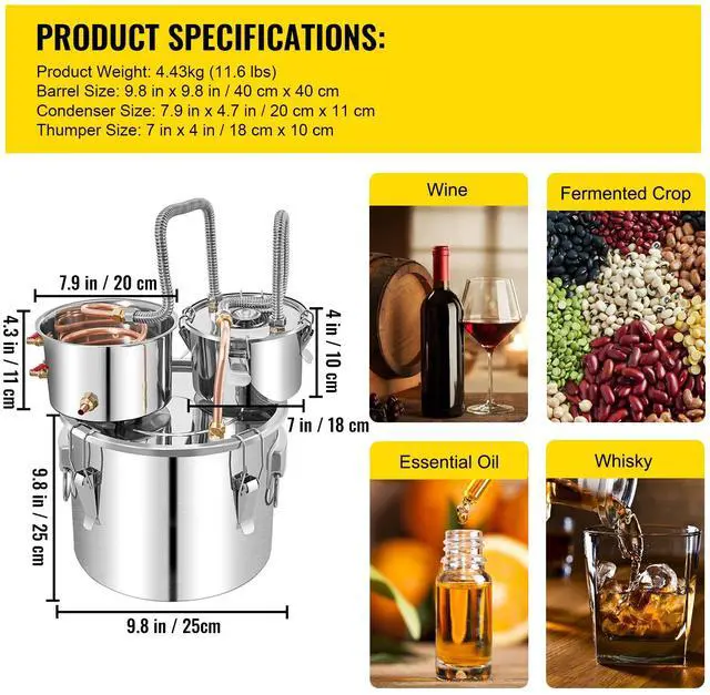 Alt view image 7 of 7 - Moonshine Still Distiller 3Gal 12L Stainless Steel Water Distiller Copper Tube with Circulating Pump Home Brewing Kit Build-in Thermometer for DIY Whisky Wine Brandy Spirits