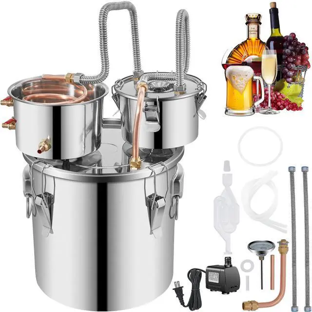 Main image of Alcohol Still, 5 Gallon, Stainless Steel Alcohol Distiller with Copper Tube & Build-in Thermometer & Water Pump, Double Thumper Keg Home Brewing Kit, for DIY Whiskey Wine Brandy