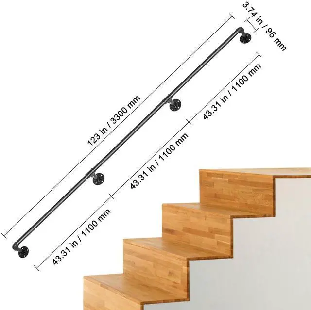 Alt view image 7 of 7 - Pipe Stair Handrail, 11FT Staircase Handrail, 440LBS Load Capacity Carbon Steel Pipe Handrail, Industrial Pipe Handrail with Wall Mount Support, Round Corner Wall Handrailing for Indoor, Outdoor