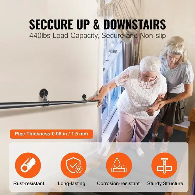 Alt view image 2 of 7 - Pipe Stair Handrail, 11FT Staircase Handrail, 440LBS Load Capacity Carbon Steel Pipe Handrail, Industrial Pipe Handrail with Wall Mount Support, Round Corner Wall Handrailing for Indoor, Outdoor