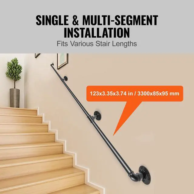 Alt view image 4 of 7 - Pipe Stair Handrail, 11FT Staircase Handrail, 440LBS Load Capacity Carbon Steel Pipe Handrail, Industrial Pipe Handrail with Wall Mount Support, Round Corner Wall Handrailing for Indoor, Outdoor