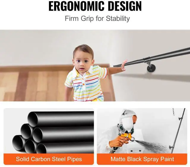 Alt view image 5 of 7 - Pipe Stair Handrail, 11FT Staircase Handrail, 440LBS Load Capacity Carbon Steel Pipe Handrail, Industrial Pipe Handrail with Wall Mount Support, Round Corner Wall Handrailing for Indoor, Outdoor