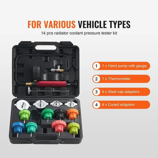 Alt view image 9 of 14 - VEVOR 14 pcs Universal Radiator Pressure Tester Kit, Coolant Pressure Tester Kit with Manual Pump and Color-coded Steel Test Cap Adapters, with Toolbox, For Cars Motorcycles Trucks Cooling System
