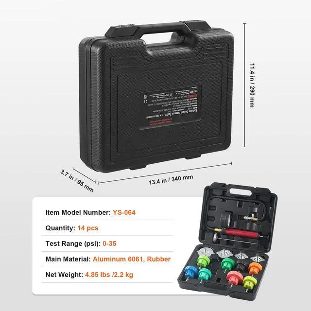 Alt view image 14 of 14 - VEVOR 14 pcs Universal Radiator Pressure Tester Kit, Coolant Pressure Tester Kit with Manual Pump and Color-coded Steel Test Cap Adapters, with Toolbox, For Cars Motorcycles Trucks Cooling System