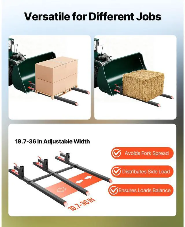 Alt view image 5 of 8 - VEVOR Pallet Forks, 2000 lbs Clamp on Pallet Forks, 60-Inch Total Length Heavy-Duty Tractor Fork with Adjustable Stabilizer Bar for Tractor Attachments, Loader Bucket, and Skid Steer, Black