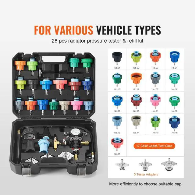 Alt view image 9 of 14 - VEVOR 28 Pcs Radiator Pressure Tester Coolant Vacuum Purge Refill With Adapters
