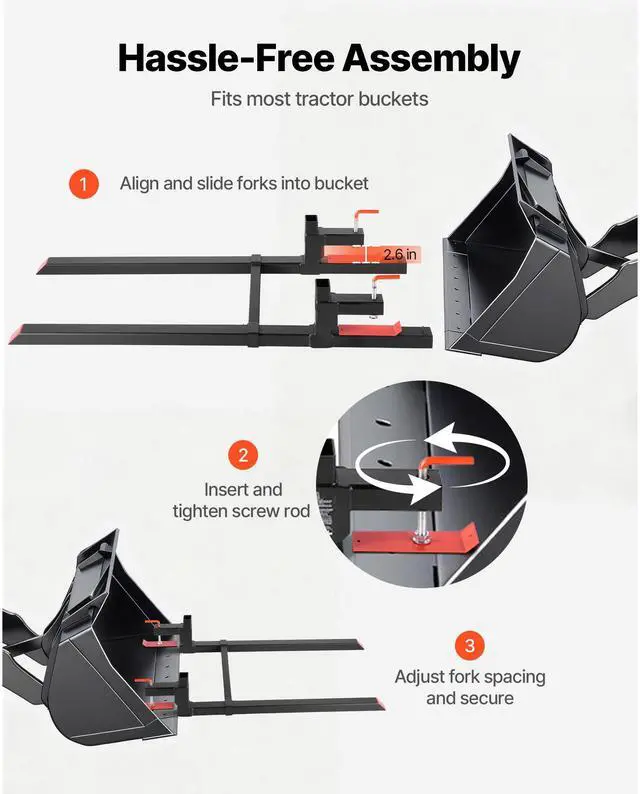 Alt view image 6 of 8 - VEVOR Pallet Forks, 2000 lbs Clamp on Pallet Forks, 60-Inch Total Length Heavy-Duty Tractor Fork with Adjustable Stabilizer Bar for Tractor Attachments, Loader Bucket, and Skid Steer, Black