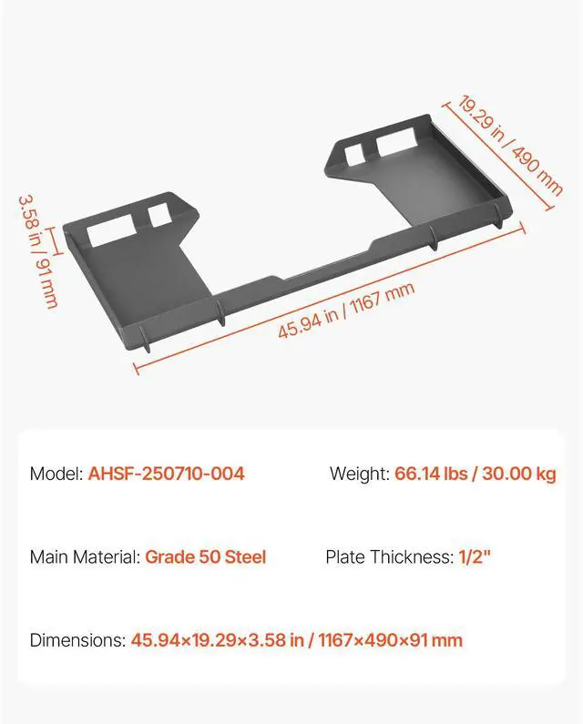 Alt view image 8 of 8 - VEVOR 1/2 in Skid Steer Mount Plate, Universal Quick Attach Mount Plate, Cut Out Design, Easy to Bolt, 6000lbs Capacity, Heavy Duty Loader Plates Compatible with Kubota Bobcat Skid Steers & Tractors