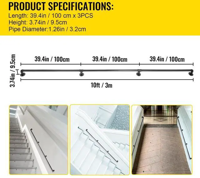 Alt view image 8 of 8 - VEVOR Pipe Stair Handrail, 10FT Staircase Handrail, 440LBS Load Capacity Carbon Steel Pipe Handrail, Industrial Pipe Handrail with Wall Mount Support, Round Corner Wall Handrailing for Indoor, Outdoor