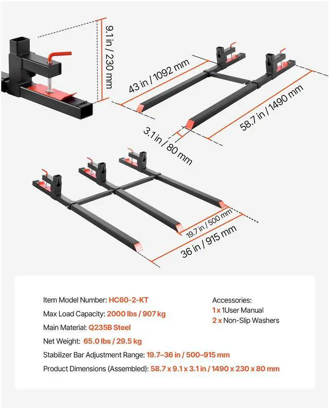 Alt view image 8 of 8 - VEVOR Pallet Forks, 2000 lbs Clamp on Pallet Forks, 60-Inch Total Length Heavy-Duty Tractor Fork with Adjustable Stabilizer Bar for Tractor Attachments, Loader Bucket, and Skid Steer, Black