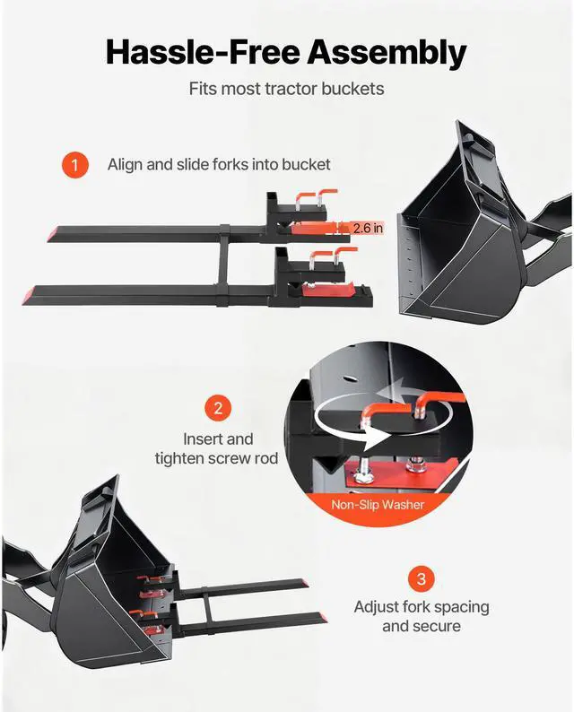 Alt view image 5 of 7 - Pallet Forks, 4000 lbs Clamp on Pallet Forks, 60-Inch Total Length Heavy-Duty Tractor Fork with Adjustable Stabilizer Bar for Tractor Attachments, Loader Bucket, and Skid Steer, Black