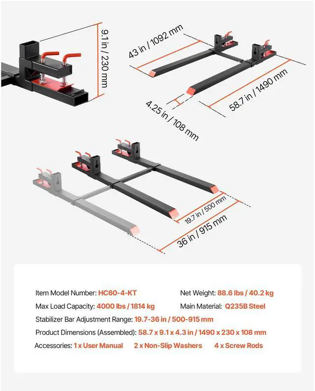 Alt view image 7 of 7 - Pallet Forks, 4000 lbs Clamp on Pallet Forks, 60-Inch Total Length Heavy-Duty Tractor Fork with Adjustable Stabilizer Bar for Tractor Attachments, Loader Bucket, and Skid Steer, Black