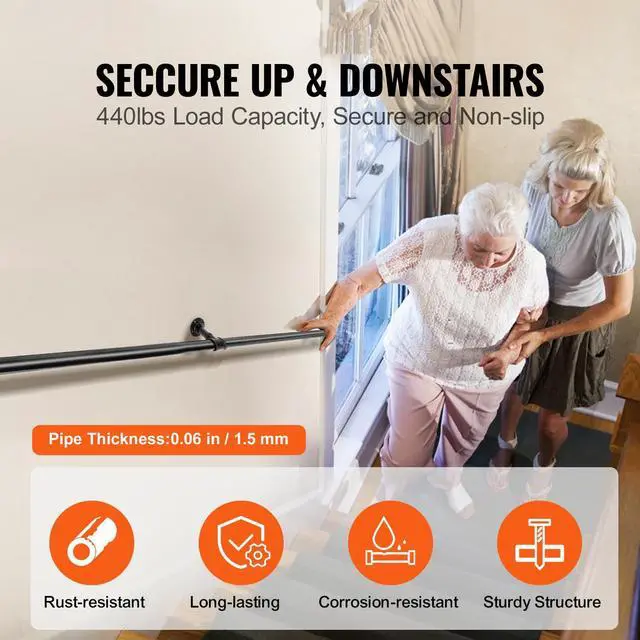 Alt view image 2 of 7 - Pipe Stair Handrail, 4FT Staircase Handrail, 440LBS Load Capacity Carbon Steel Pipe Handrail, Industrial Pipe Handrail with Wall Mount Support, Round Corner Wall Handrailings for Indoor, Outdoor