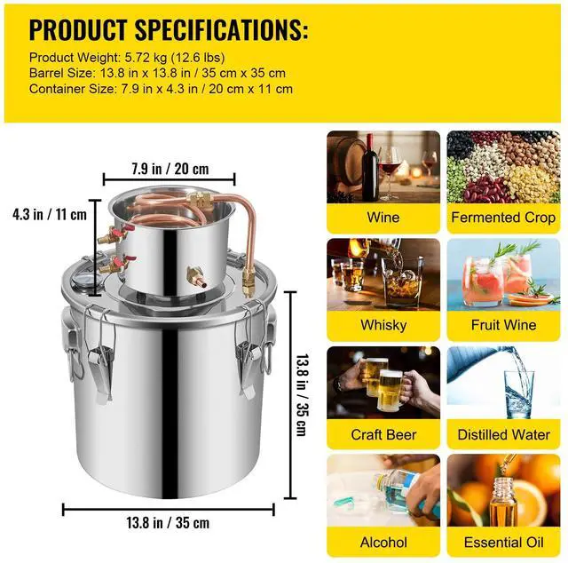 Alt view image 7 of 7 - Moonshine Still 9.6Gal 38L Stainless Steel Water Alcohol Distiller Copper Tube Home Brewing Kit Build-in Thermometer for DIY Whisky Wine Brandy, Sliver