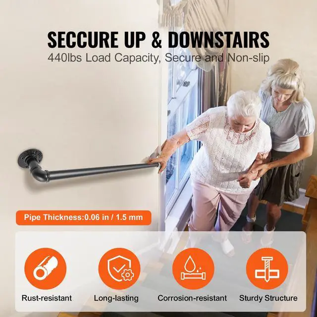 Alt view image 3 of 8 - VEVOR Pipe Stair Handrail, 3FT Staircase Handrail, 440LBS Load Capacity Carbon Steel Pipe Handrail, Industrial Pipe Handrail with Wall Mount Support, Round Corner Wall Handrailings for Indoor, Outdoor